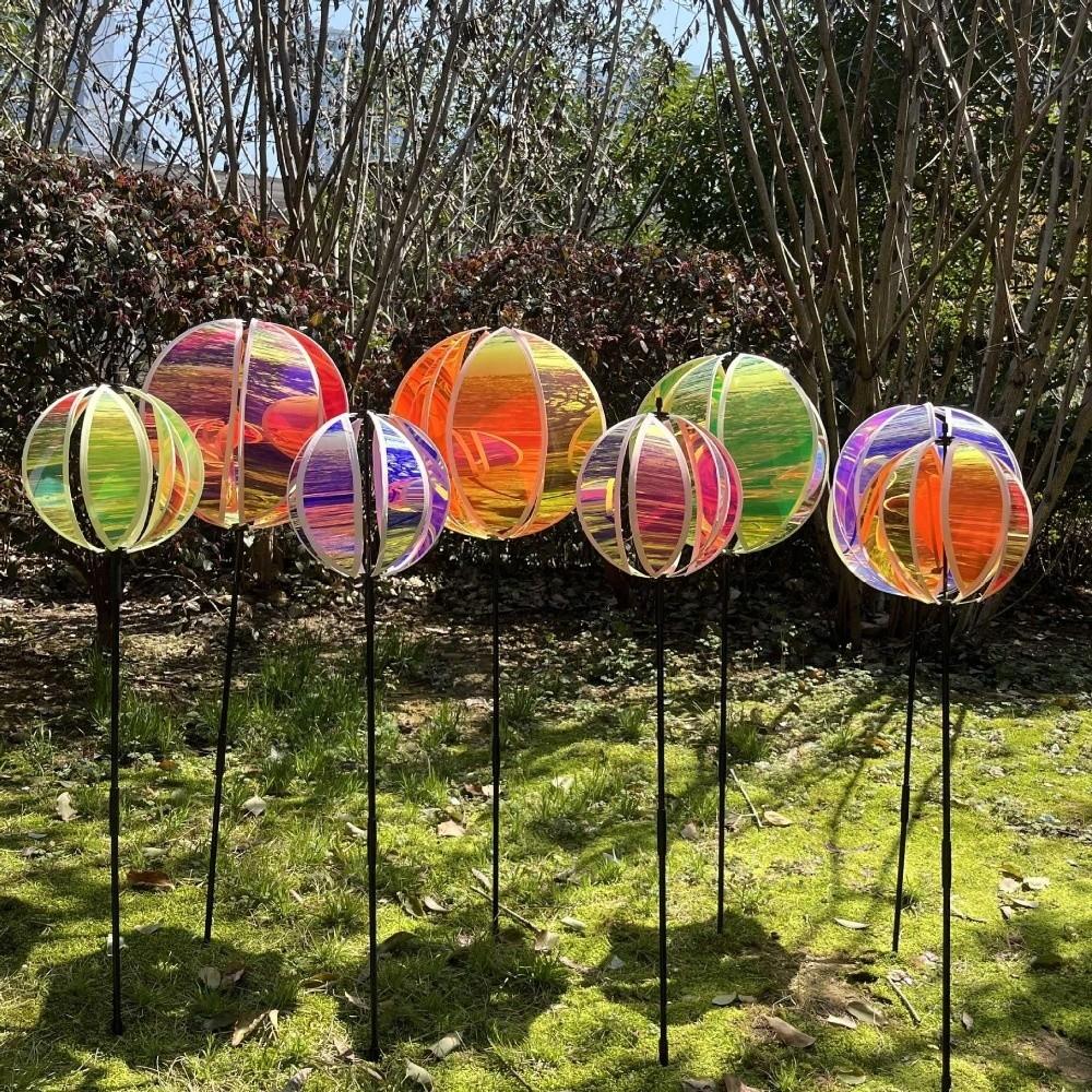 Sparkling Stripe Reflective Garden Pinwheels Rainbow Color Colorful Film Bird Repellents Rotating Ball With Stakes