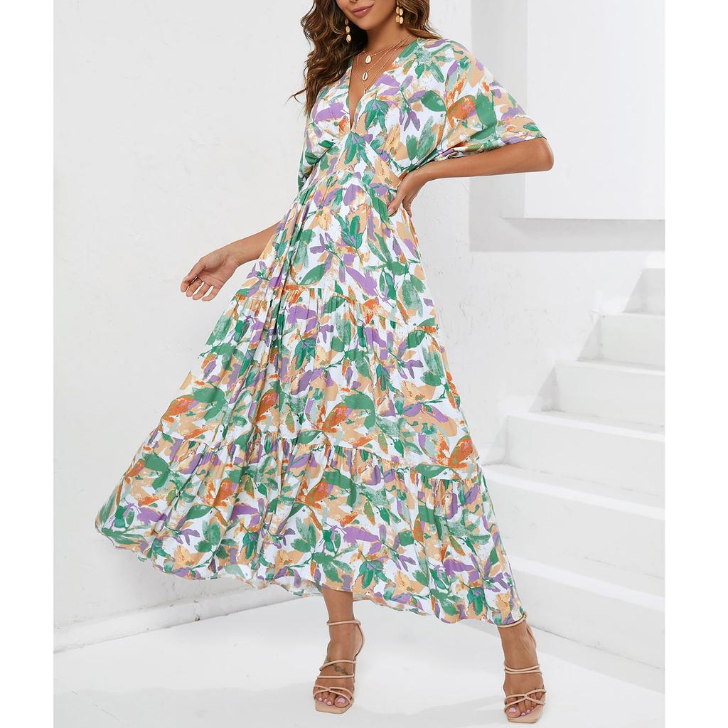 Women's Casual And Fashionable Deep V-Waist Dress, Seaside Beach Vacation Dress