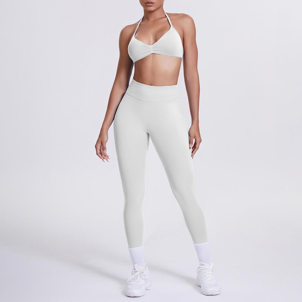 Seamless solid color beautiful back neck bra trousers yoga suit set tight running fitness two-piece set