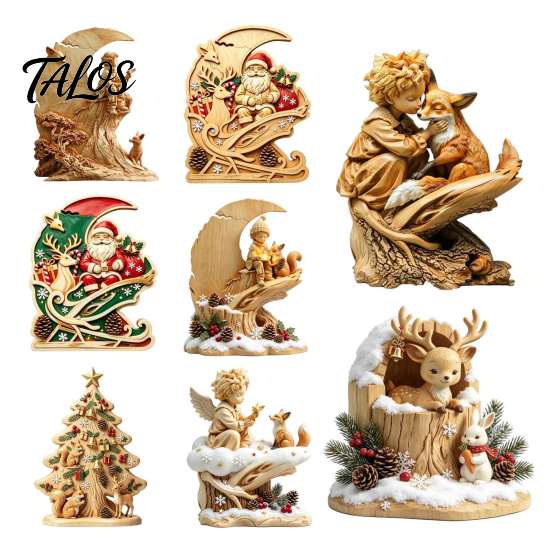 Handcrafted Wooden Statues Fairy Tale Little Boy and Fox Figurine, Rustic Desktop Statue, Artistic Carved Christmas Gift Ideas Sculpture Ornament for