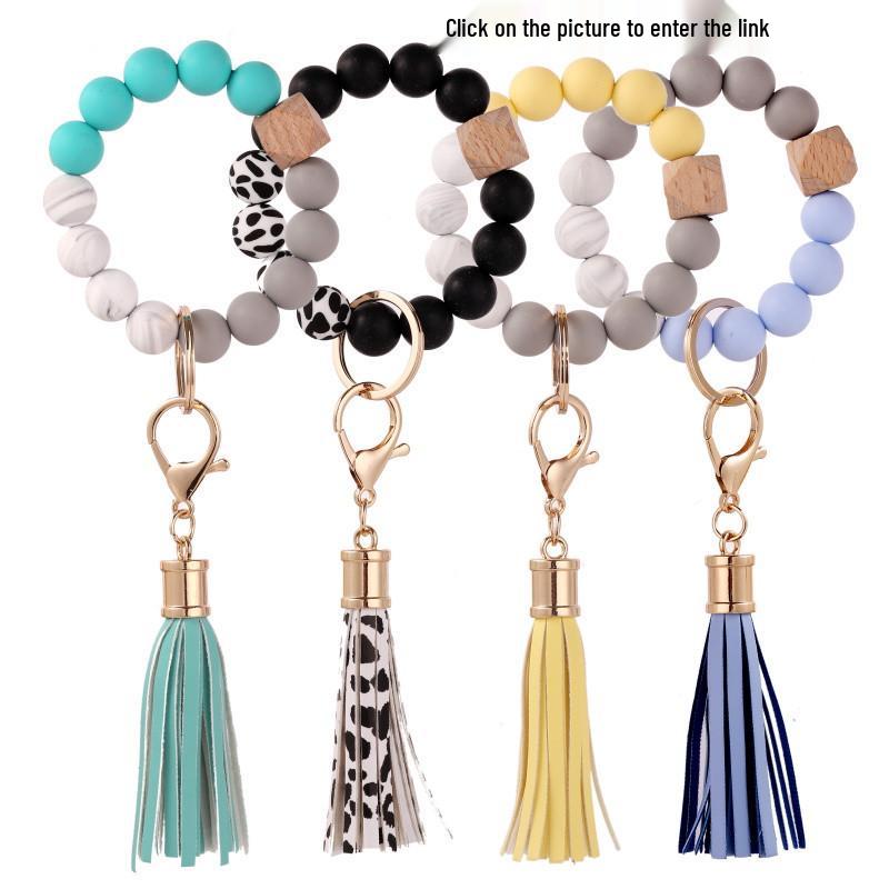 Silicone and Wooden Bead Keychain Bracelet with PU Tassel