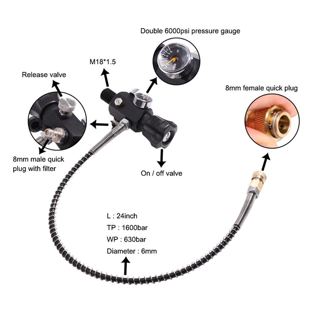 Fegtrtyoa PCP Tank Dual Gauge Oplaadklep Luchtvulstation Refill Adapter met 400Bar 6000Psi Gauge 50Cm Slang, X1.5