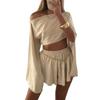 Lässiges Baumwoll-Leinen Langarm-Oberteil und Shorts Set für Damen