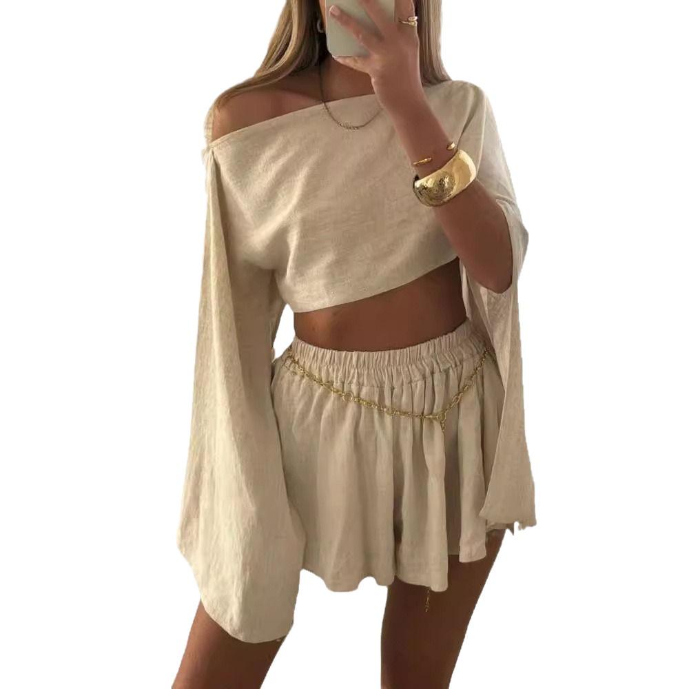 Lässiges Baumwoll-Leinen Langarm-Oberteil und Shorts Set für Damen