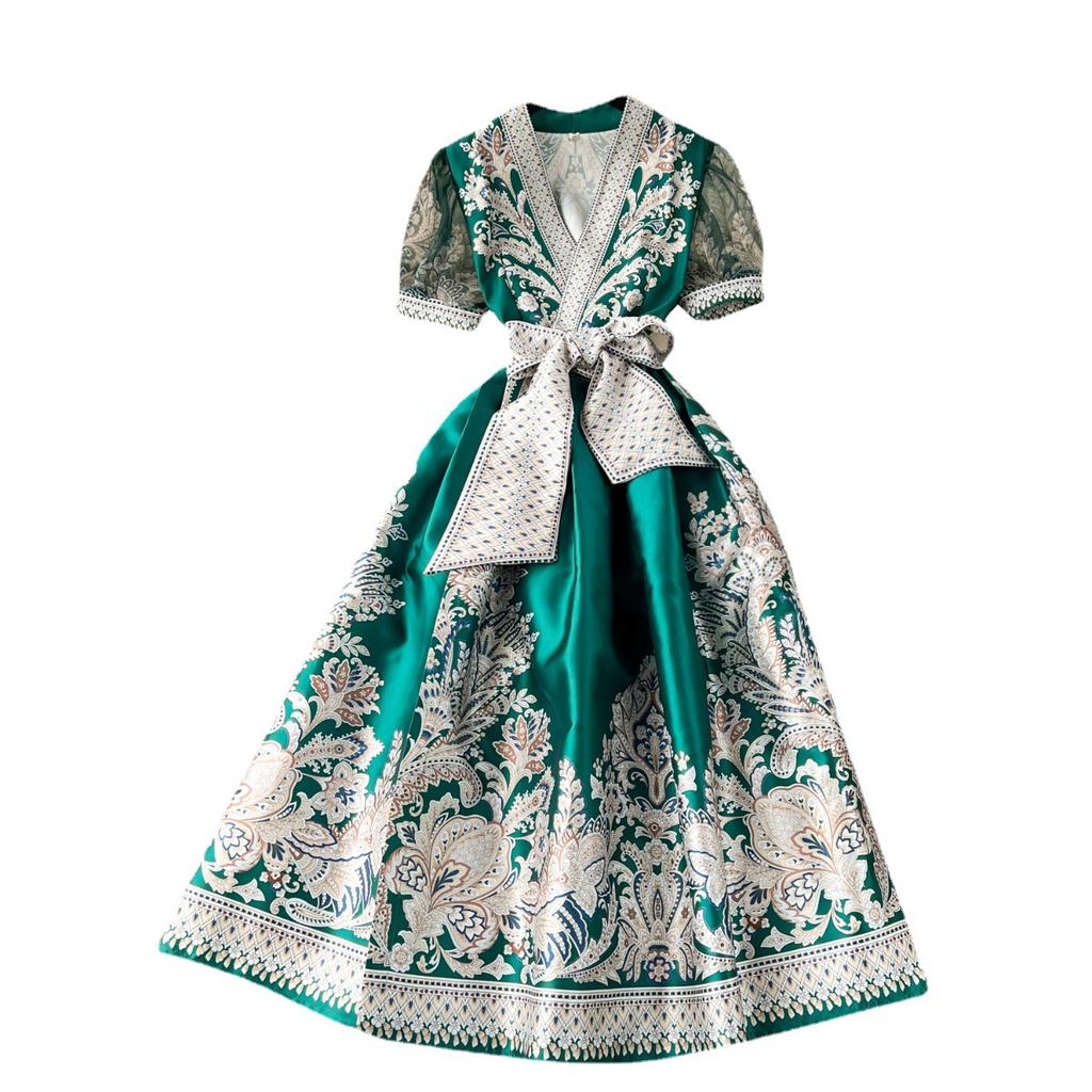 Vintage Kleider im Hofstil für Damen, bedruckte Träger, taillierte lange französische Puffärmel, Temperamentkleid