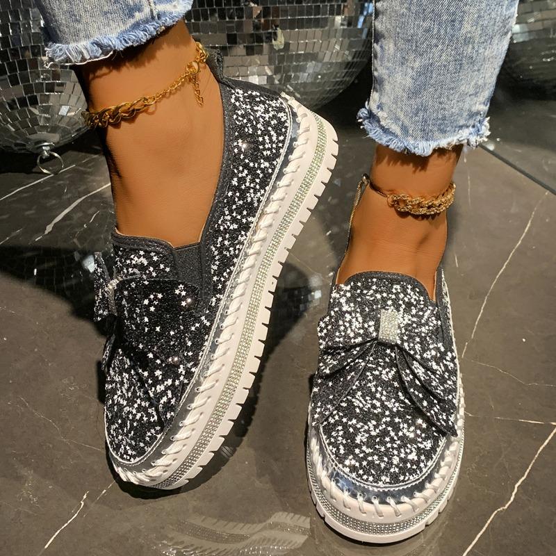 Large size rhinestone bow shallow mouth women's spring and autumn new one-pedal platform lazy shoes