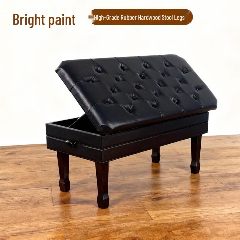 Adjustable Height Solid Wood Piano Stool with Lacquer Finish and Built-in Bookcase.
