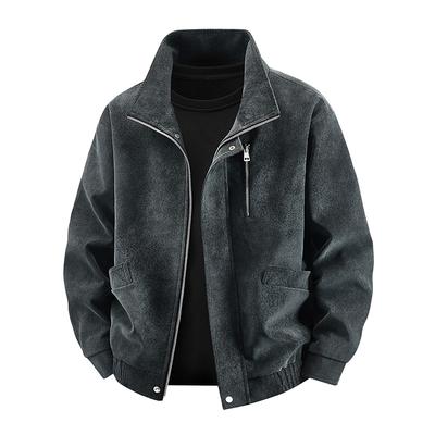 Jacket Men's PU Suede Leather Jacket Men's Loose Cotton Jacket Men's Coat Stand Collar Leather Jacket
