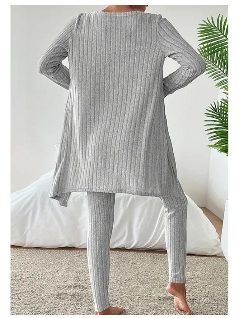 Nieuwe Stijlvolle Ronde Hals Geribbelde Effen Kleur Dames Driekwart Set