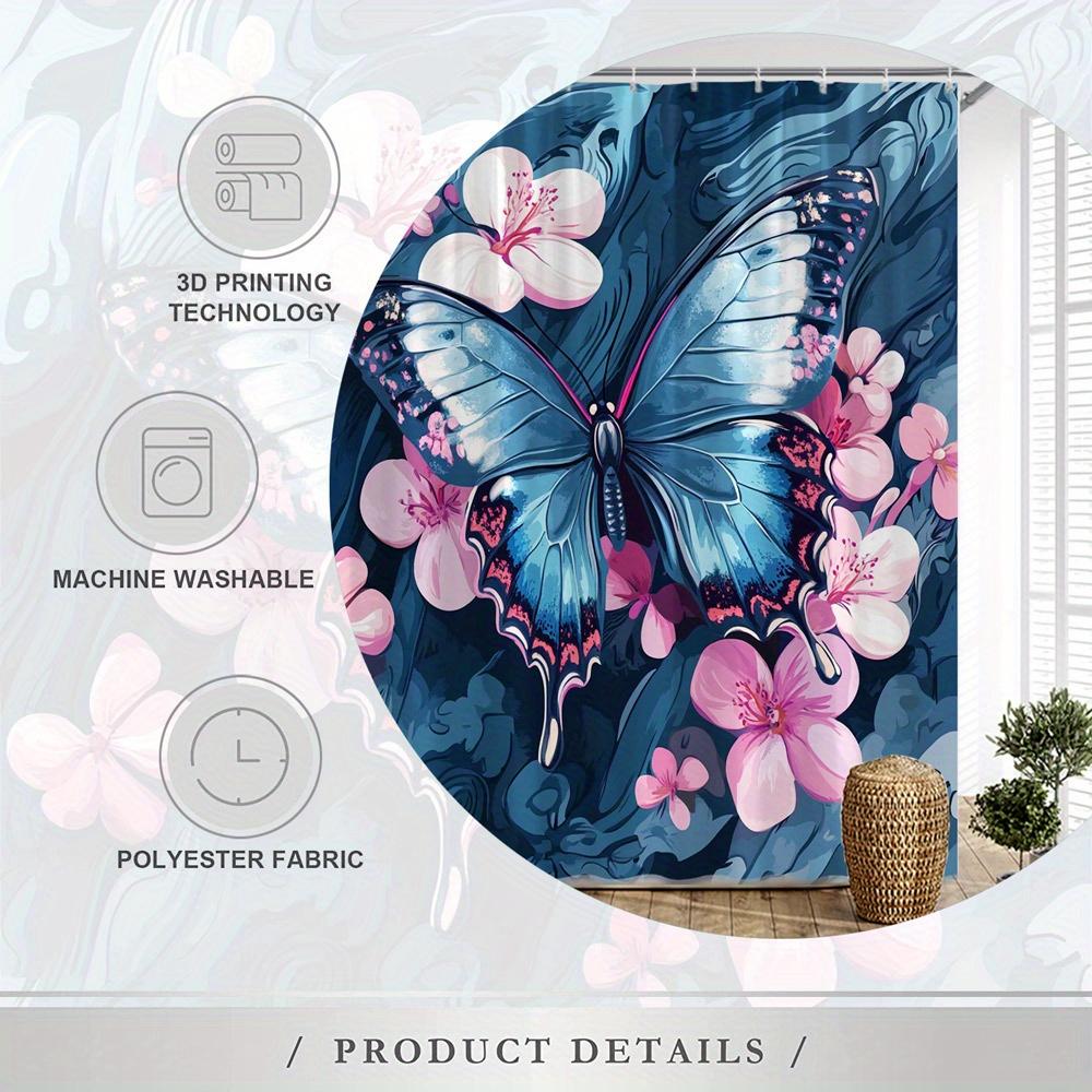 1Pc Shower Curtain - Blue Butterfly & Pink Cherry Blossoms Abstract Art Design, Durable Polyester Fabric, 70.8X70.8 Inches With