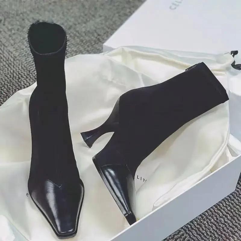 

Модные сапоги Новые французские высокие каблуки Весна, осень, зима Заостренные тонкие каблуки Маленькие ароматные женские короткие сапоги 35 чёрный