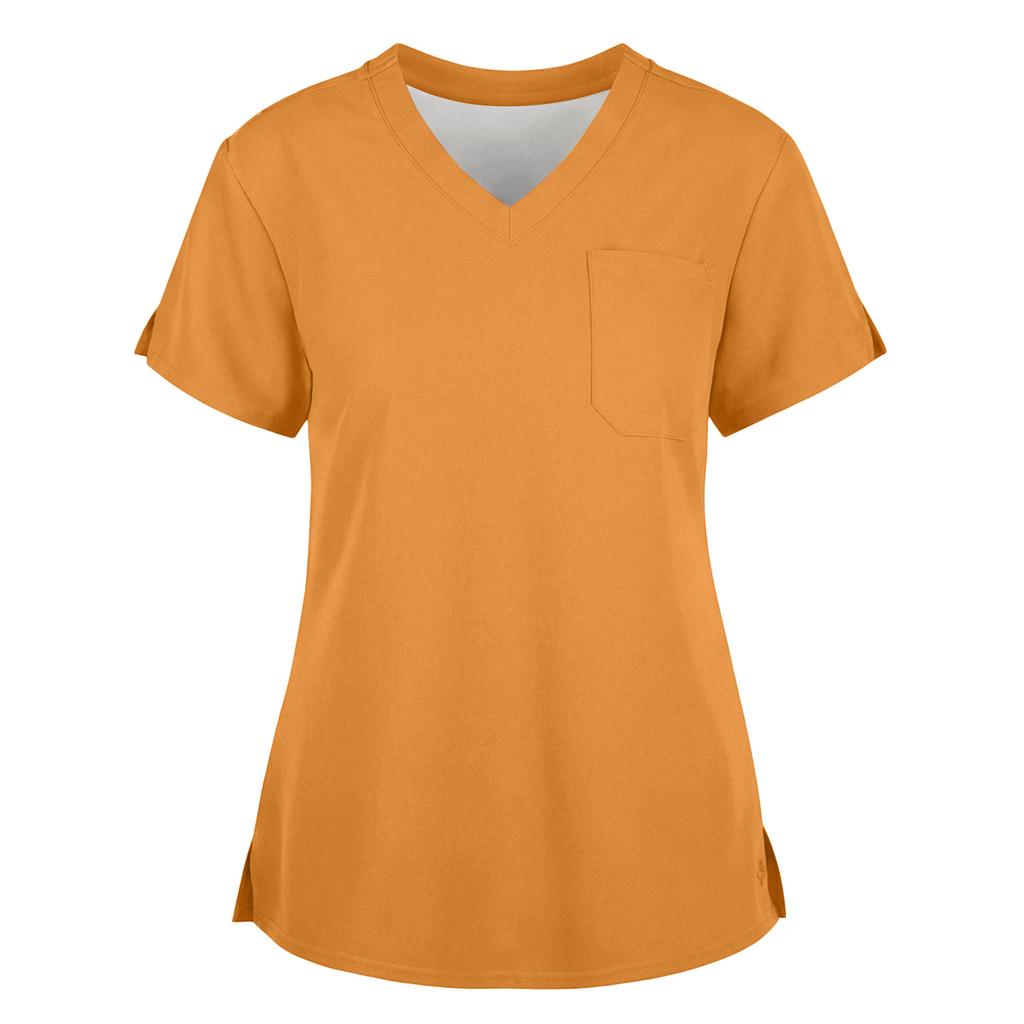Women's Fashionable Loose-Fit Short-Sleeve V-Neck Workwear Blouse With Slit And Pockets