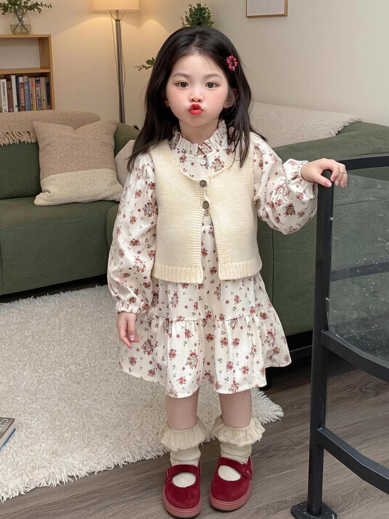 2025 Autumn Floral Dress & Sweater Vest Set for Girls – Fashionable Princess Outfit