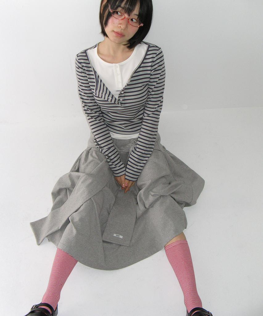 RONRON Layered Henryneck Long Sleeve Charcoal Stripe