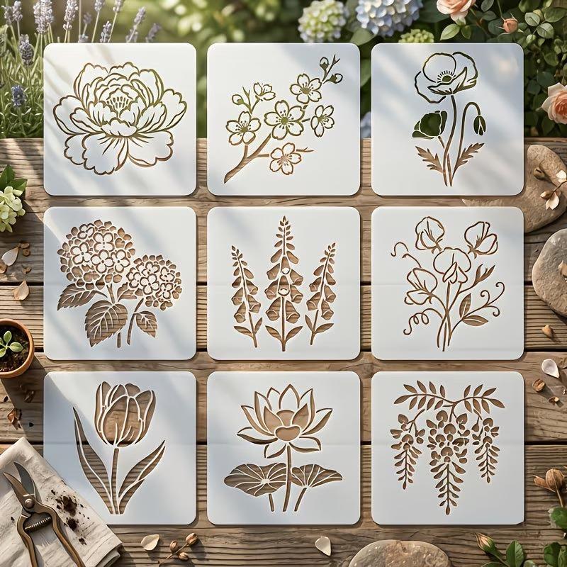 9 Stück DIY Blumenmalerei Schablonen Papierbastelbedarf Zum Sprühbemalen und Kritzeln Wiederverwendbare Kunststoffschablonen Für Holz
