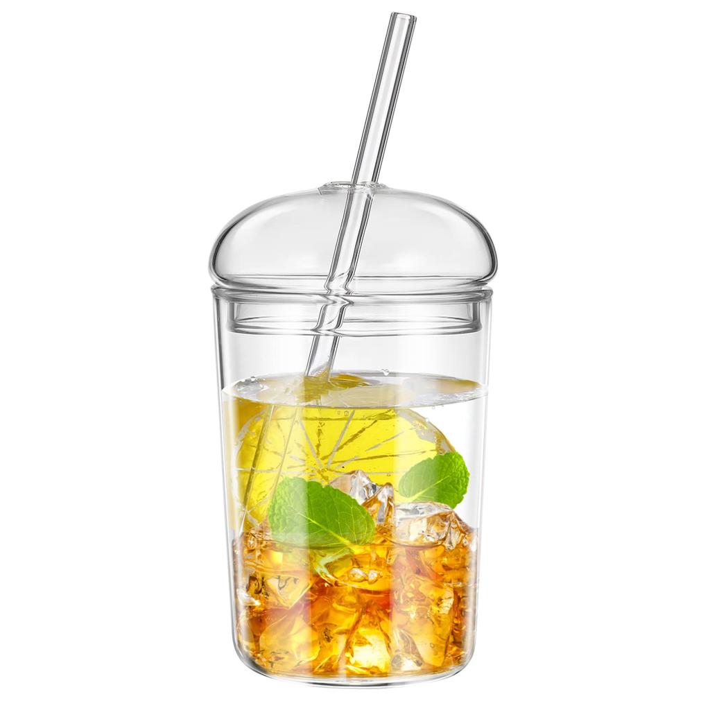 3er-Pack Kaffeetassen aus Glas mit Deckel und Strohhalm, 16 oz Eiskaffeetasse mit gewölbten Deckeln, klares Kaffeetassen-Set aus Glas zum Selbermachen