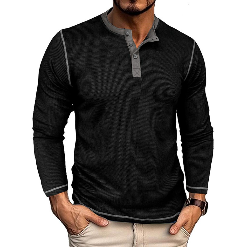 Men's Color Blocked Versatile Long Sleeved Shirt Retro T-shirt Bottom Shirt