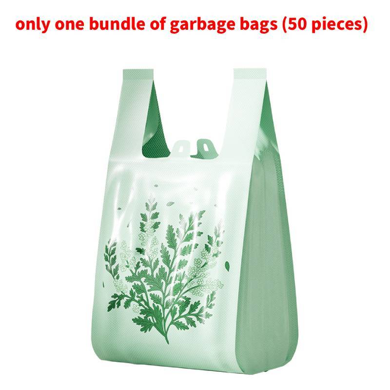 Household Heavy Duty Pe Trash Bag With Handles And Herbal Grass Print Design For Kitchen Waste Disposal