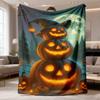 1pc Bohemian Spooky Themed Flannel Blanket Suitable for - Ultra-Soft Warm Bedspread with Jack-O-Lanterns, Haunted House & Witch Patchwork Design, Mach
