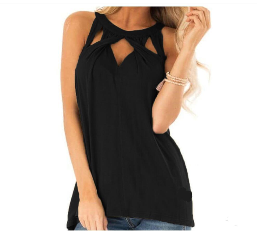 Fashion Women T-Shirt for Summer Casual O-Neck Sleeveless Hollow Female Tops Solid Splice Loose Women Summer T-Shirt Top