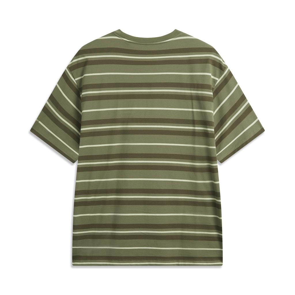 Li Ning Casual Striped Round Neck T-Shirt Men Tops Deep-Moss-Green ATSV515-6