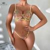 Vibrant Floral Embroidery Underwire Thong Thigh Straps Lingerie Set
