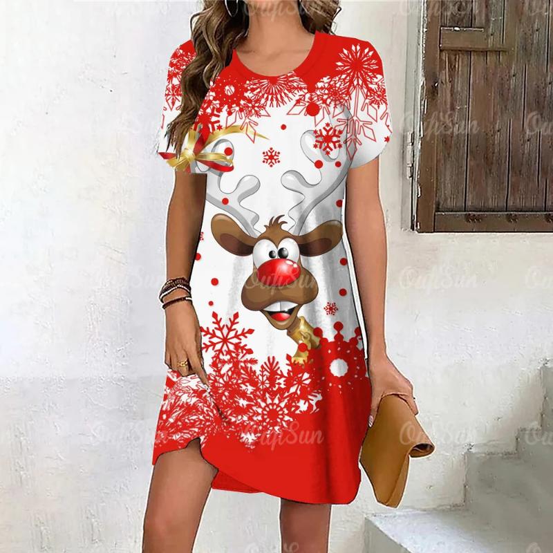 New Cartoon Moose Digital 3D Print Crew Neck Short-sleeve Pullover Stylish Casual Women's Dress