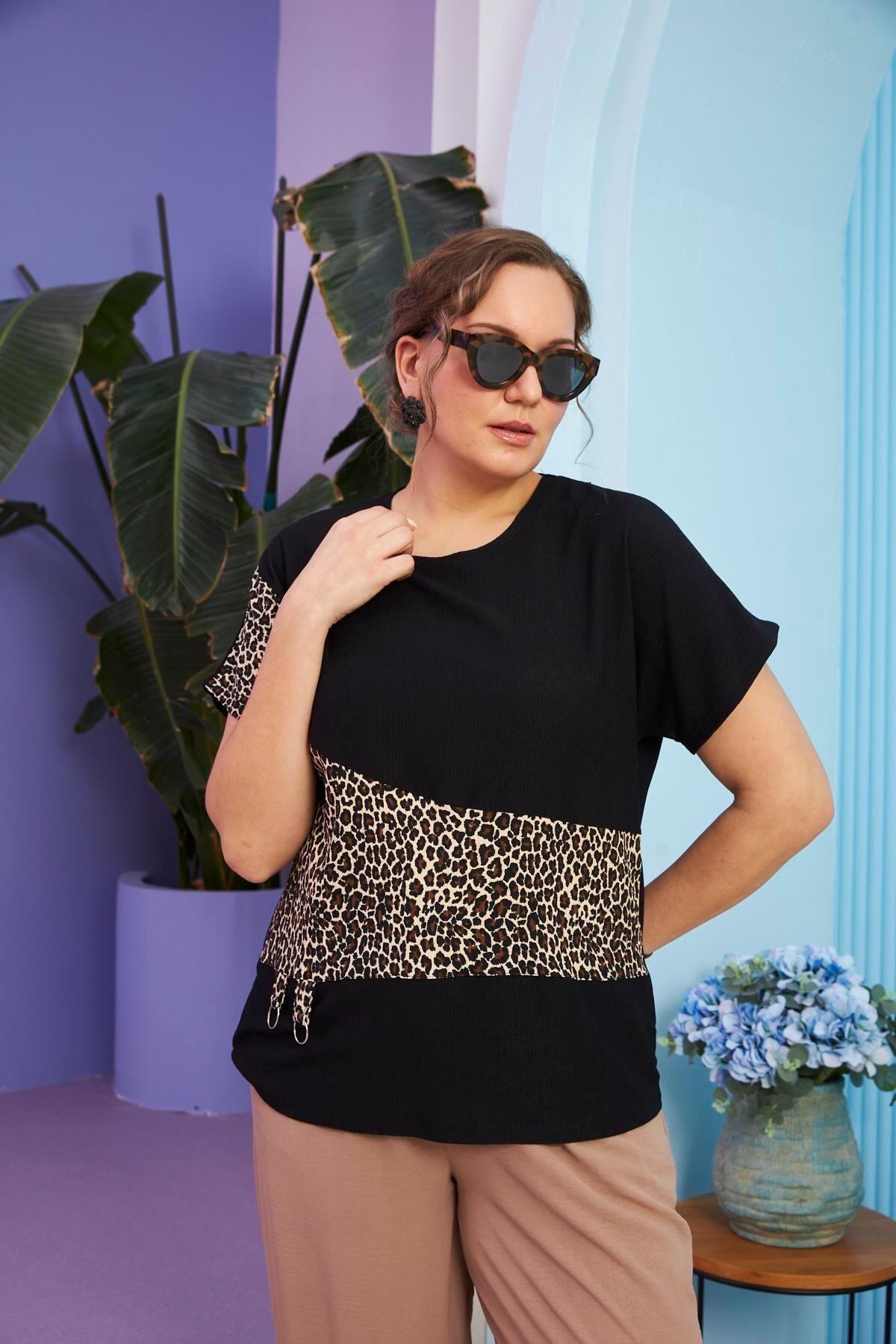 

Women s Style Big Size T-Shirt Bürümcük Fabric Leopard Patterned Plus Size Black T-Shirt