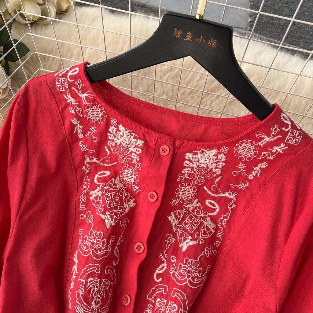 Obcisła sukienka z dekoltem w kształcie litery O, haftowany, bufiasty rękaw, guziki Vestidos, styl etniczny, wiosenne fałdy, sukienki w jednolitym kolorze, linia A