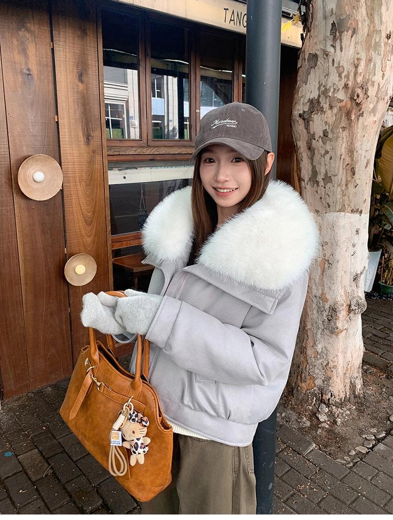 Women's Short Loose PU Winter Jacket Suede Bronzing Big Fur Collar