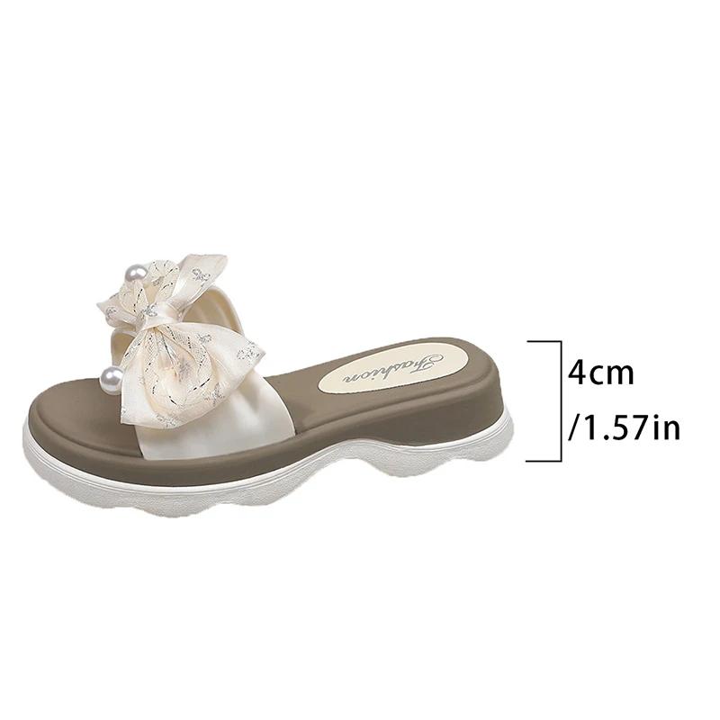 Fashion Stylish Mesh Bow Knot Thick Bottom Slides Women Mixed Color Med Heel Slippers Female New Pearl Decor Non Slip Sandals Mujer