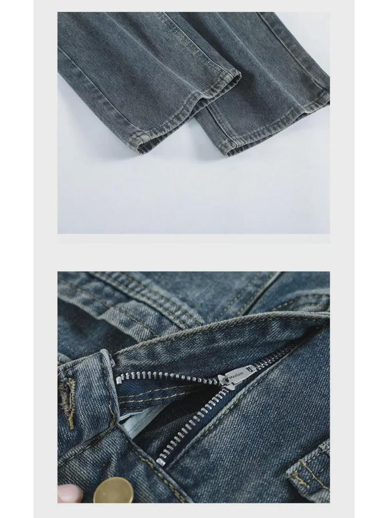 Women's High-Waist Cement Gray Wide-Leg Jeans - Nostalgic Pocket Design