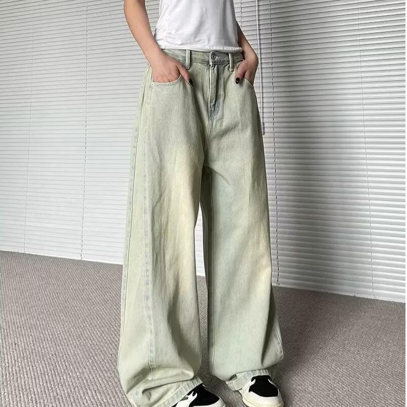 Women's Summer Retro Hong Kong Style Light Wash Wide Leg High Waist Denim Trousers