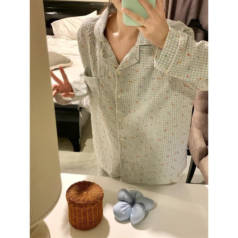 Women's Pajamas New Autumn Spring Long Sleeve Soft Sleepwear Set Grid Cartoon Pyjama Woman Home Nightwear Set Cardigan