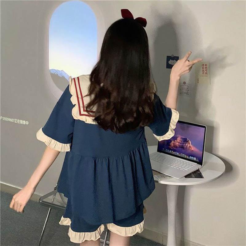 Kragen Nachtwäsche Frauen Pyjama Sets Koreanische Kurzarm Piiama Sommer Set 2 Stück Nacht Tragen Schlafen Patchwork Home Anzug