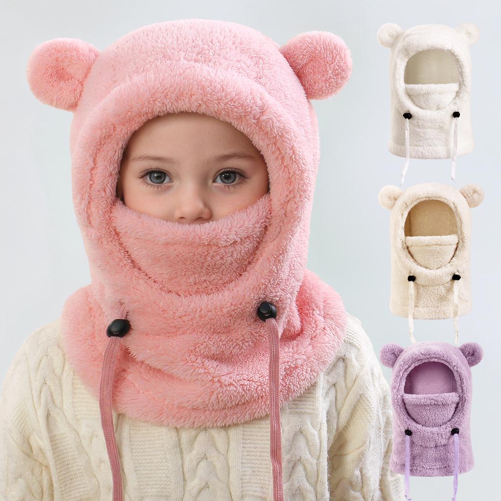 Kids Thermal Hat with Face Cover Animal Ear Flap Winter Warm Balaclava Style Integrated Neck Warmer Windproof Cold Weather Hood for Children