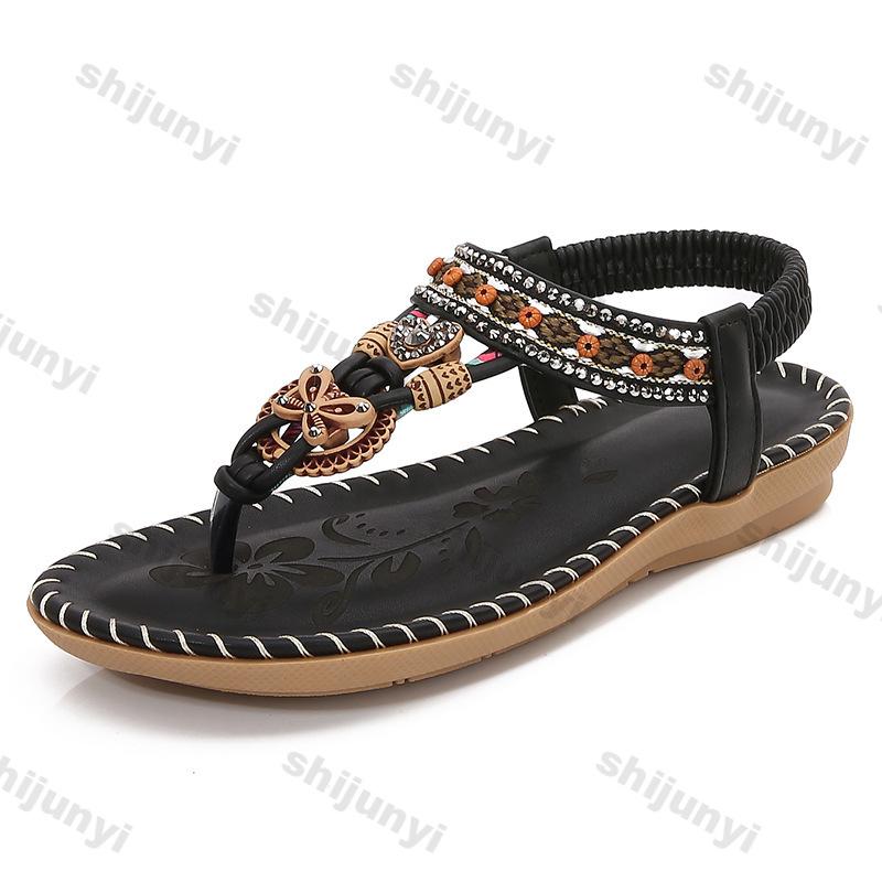 Large Size Women's Roman Shoes Summer New Lightweight Comfortable Soft Sole Beach Shoes Rhinestone Non Slip Casual Flats