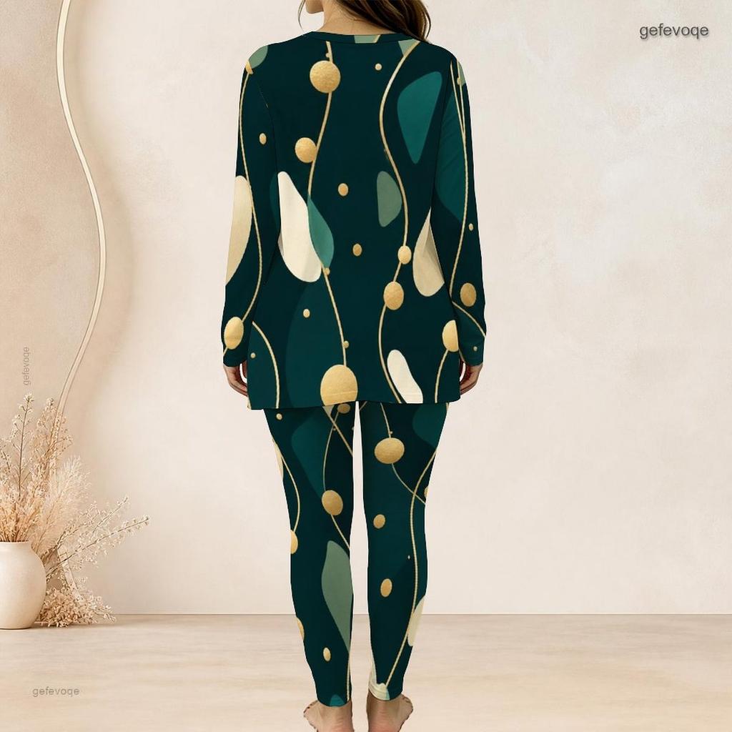 Women Plus Size Two Piece Pants Set Round Neck Long Sleeve Printed Longline Top Fitted Pants Dark Green
