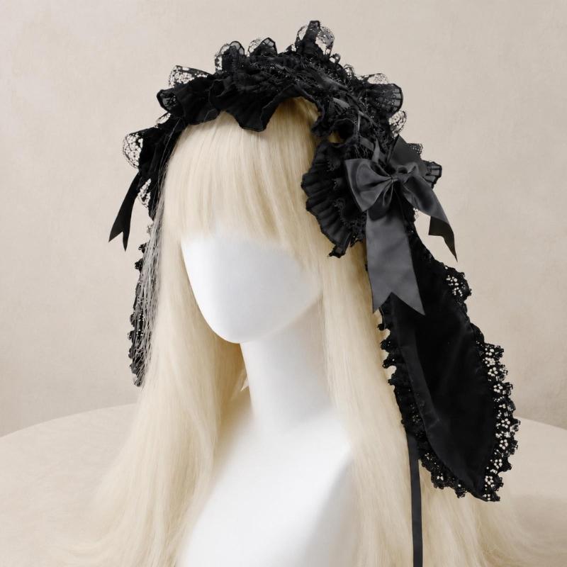 Rabbit Ears Headband Gothic Lace Hair Accessory with Satined Bowknot and Tie Back for Halloween Party and Anime Event Photo Styling
