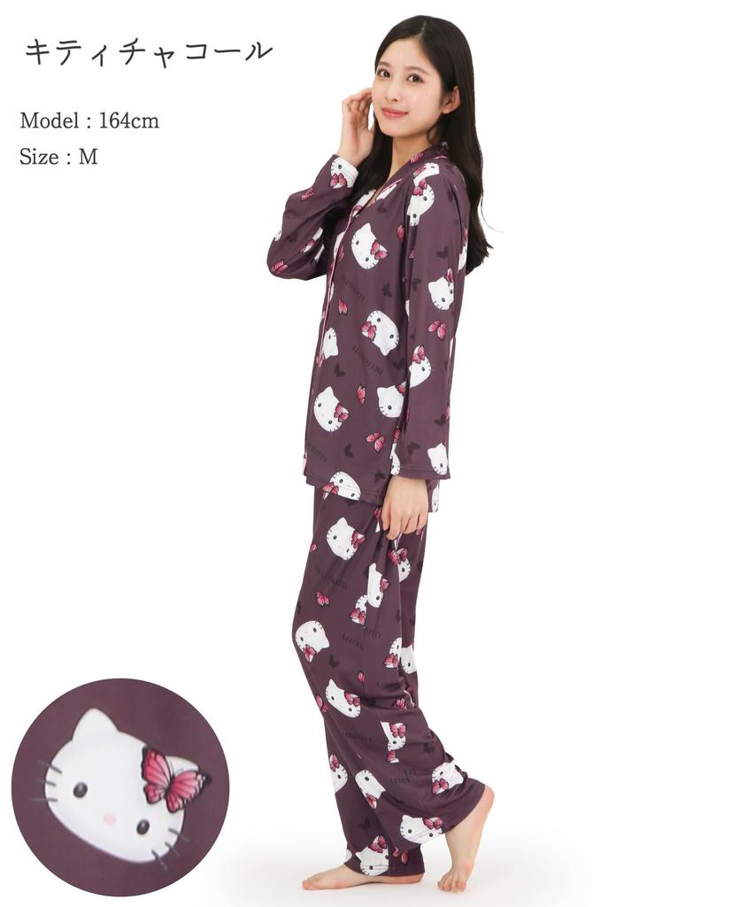 Hello Kitty Shirt Pajamas Powder Stretch Long Sleeve Long Pants Top and Bottom Set Loungewear [SAZAC] Women's (Charcoal Gray/M/SAN1906)