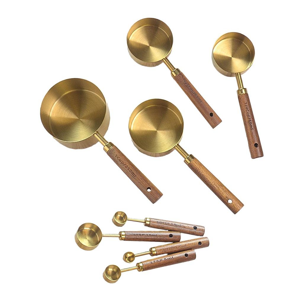 8Pcs Measuring Cups and Spoons Set Stainless Steel Wooden Handle Baking