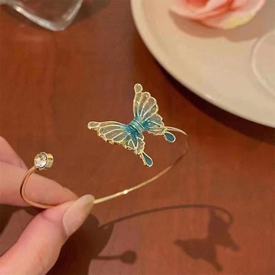 Chinese Style Vintage Green Butterfly Opening Adjustable Bracelet For Women  Temperament Bracelet Jewelry