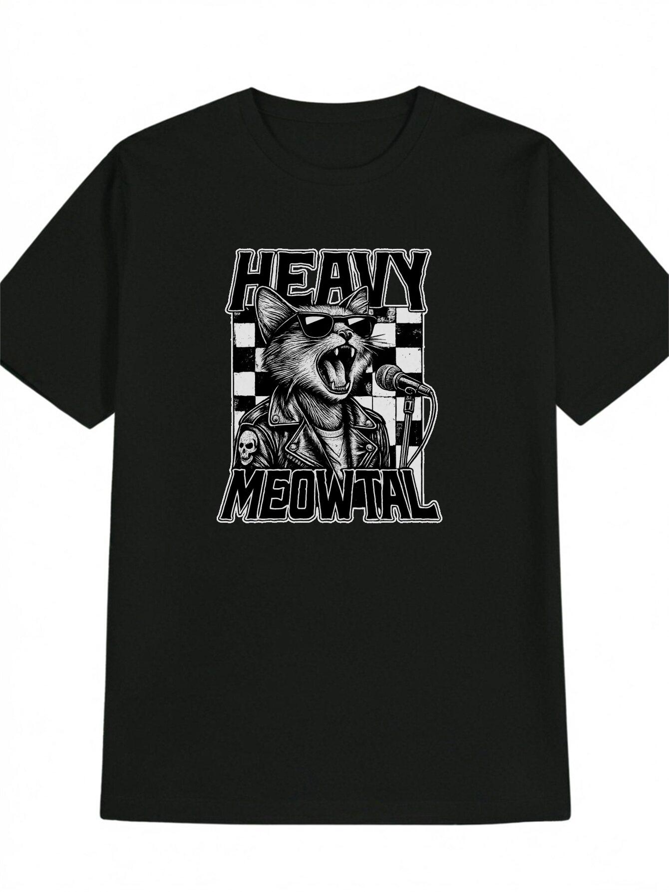 Casual Graphic T-shirt with Bold HEAVY MEOWTAL Cat Fashion Glasses Print - Black Round Neck Summer Tee XXXL