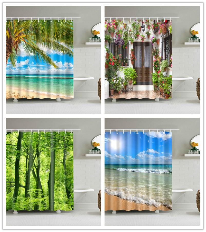 Shower Curtains Washable Beach Scene 120x180 3D Digital Landscape Printed Waterproof Bathroom Bath Curtain Polyester Fabric