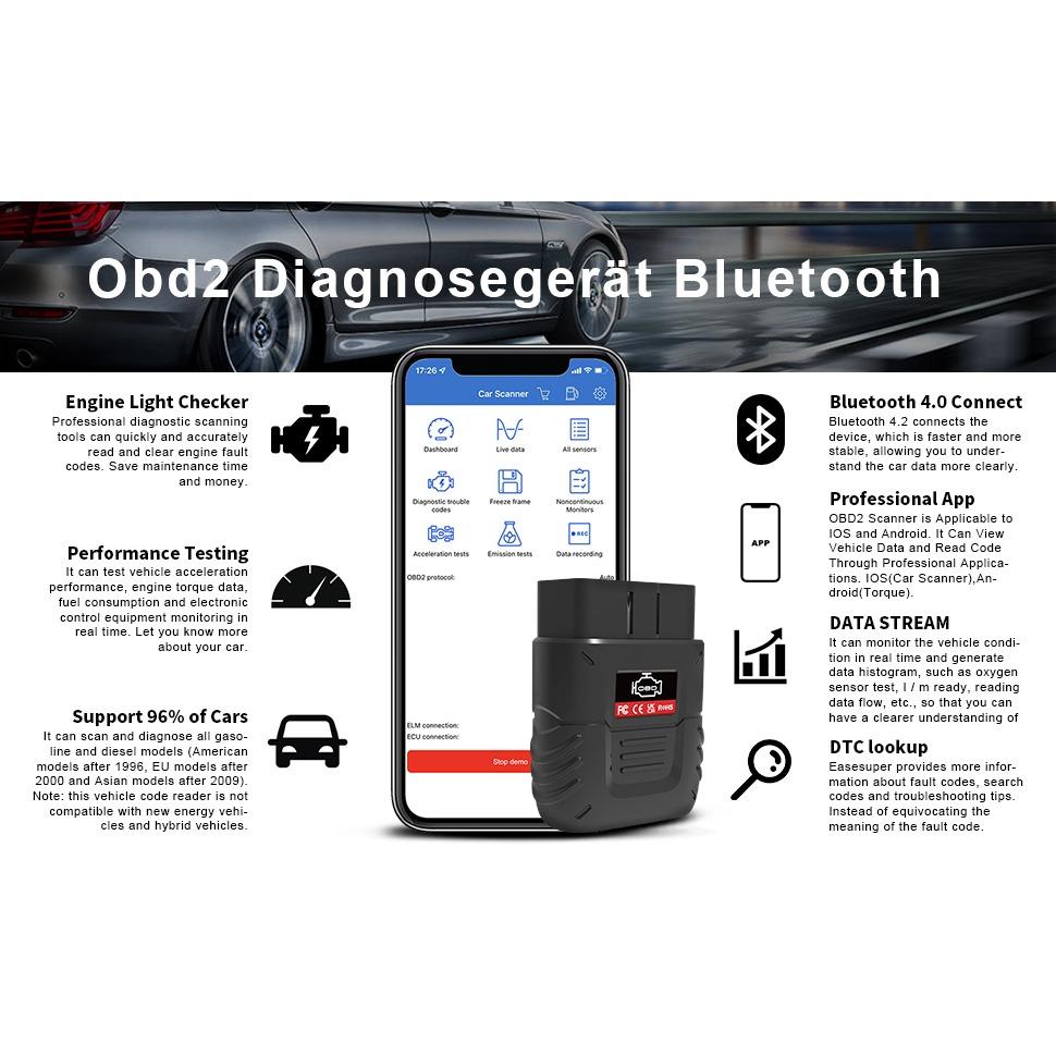 Wireless OBD2 Diagnostic Tool Bluetooth, IOS&Android&Windows 3000 Code Database Suitable Car Adapter Fault Code Reader Scan with OBDII/EOBD Protocol