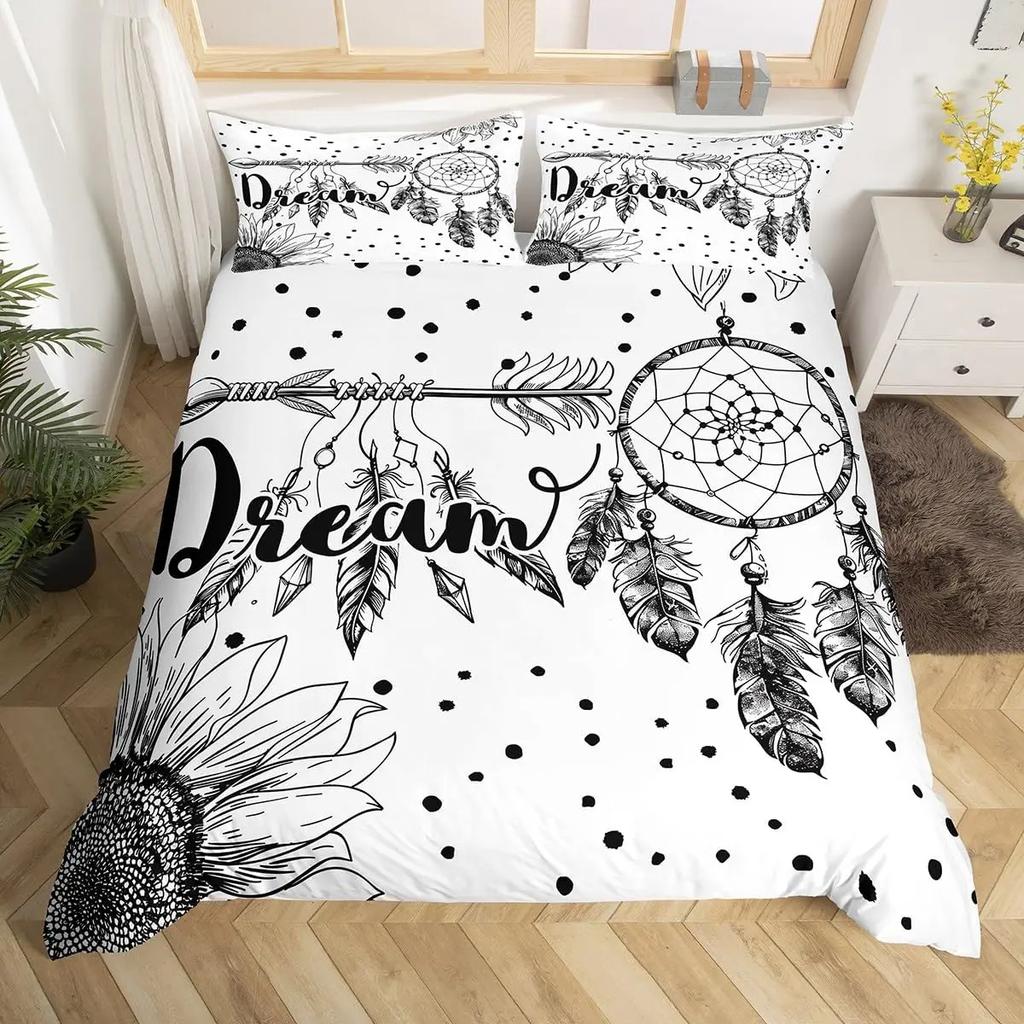 Conjunto de Cama Apanhador de Sonhos Boho Mandala Capa de Edredom Solteiro King, Capa de Edredom Exótica Tribal Pena Céu Estrelado Galáxia