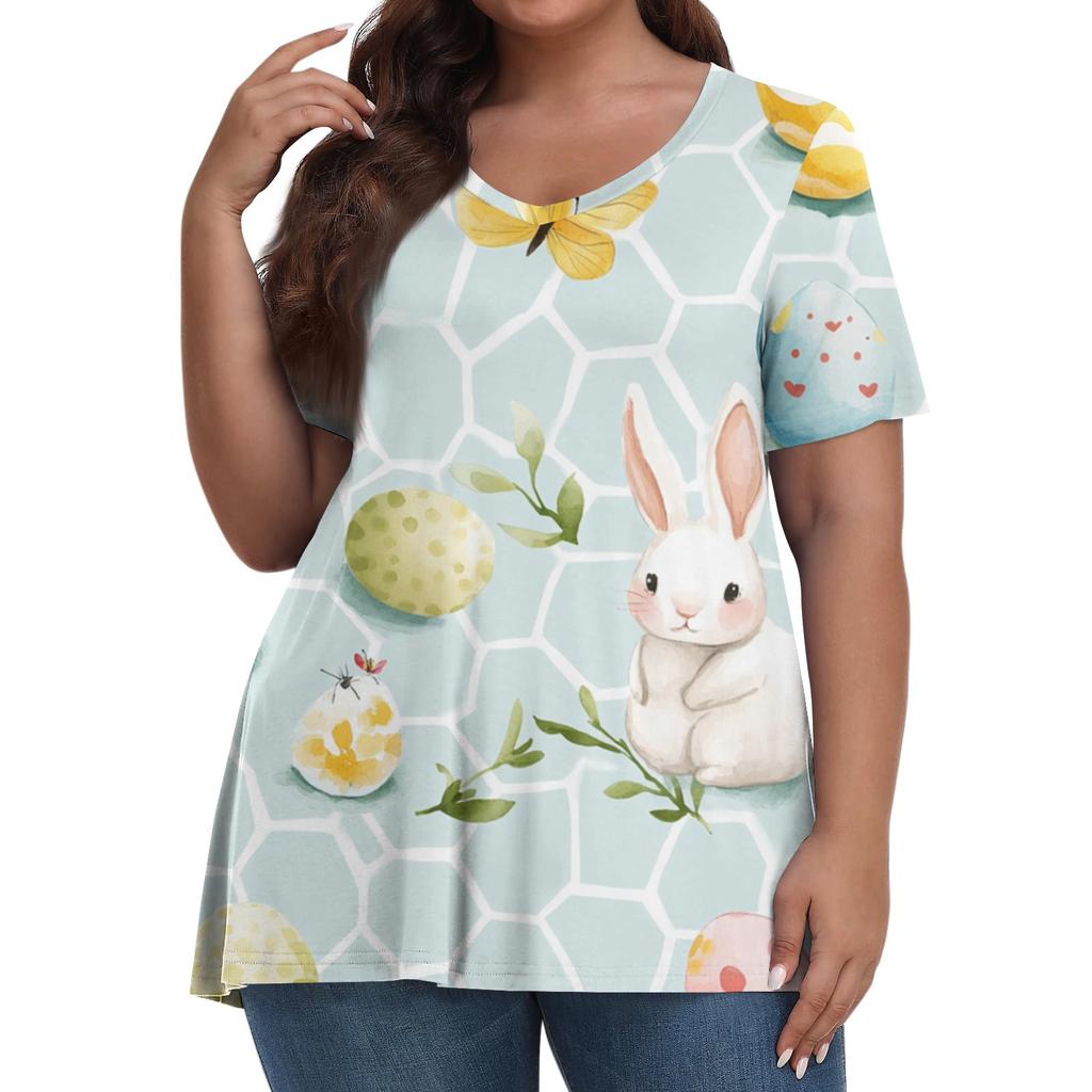 Women's Fashion Casual V-Neck Pullover Short Sleeve Large Size Easter Printed Top