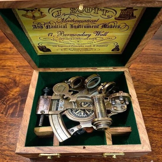 Brass Sextant with Wooden Box, Nautical Navigation Instrument, Maritime Decor Replica