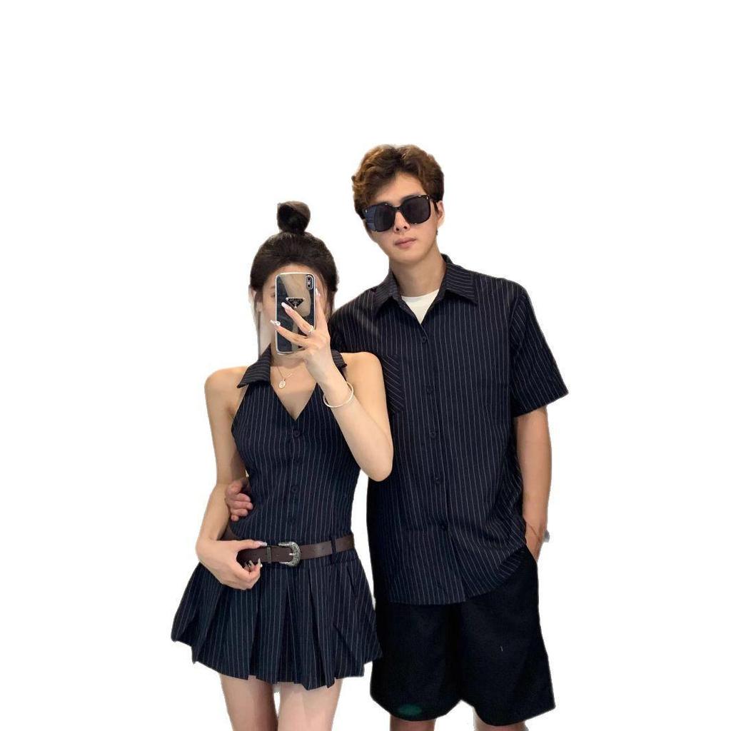 Französisches Design Sommer Partner-Outfits: Damenkleid & Herren Kurzarmhemd im koreanischen Stil