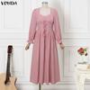 VONDA Elegante Abito Maxi da Donna con Scollo Quadrato, Maniche Lunghe, Allacciatura, Casual, da Festa, con Volant, Svasato